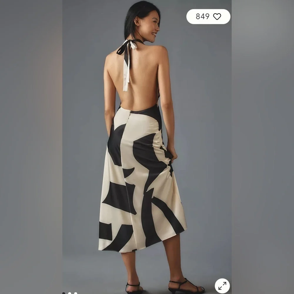 Anthropologie women’s Bardot Citron abstract colorblock print Halter Midi Dress - Picture 2 of 12